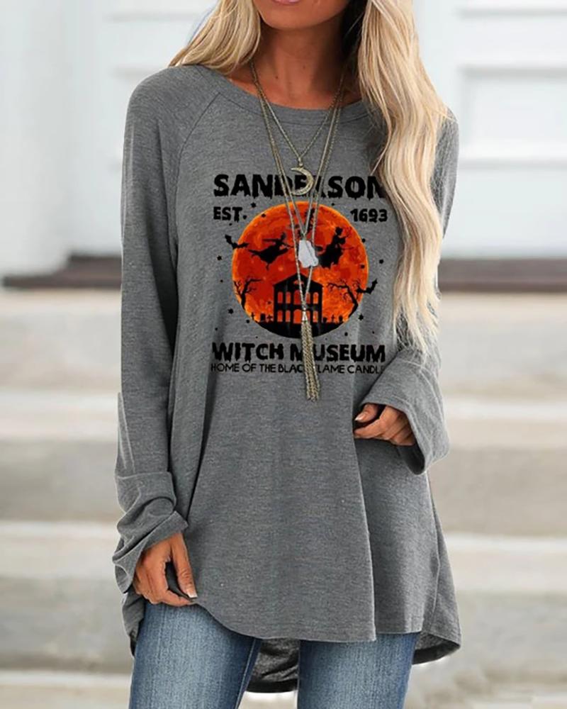 

Halloween Letter Witch Print Long Sleeve Top, Gray