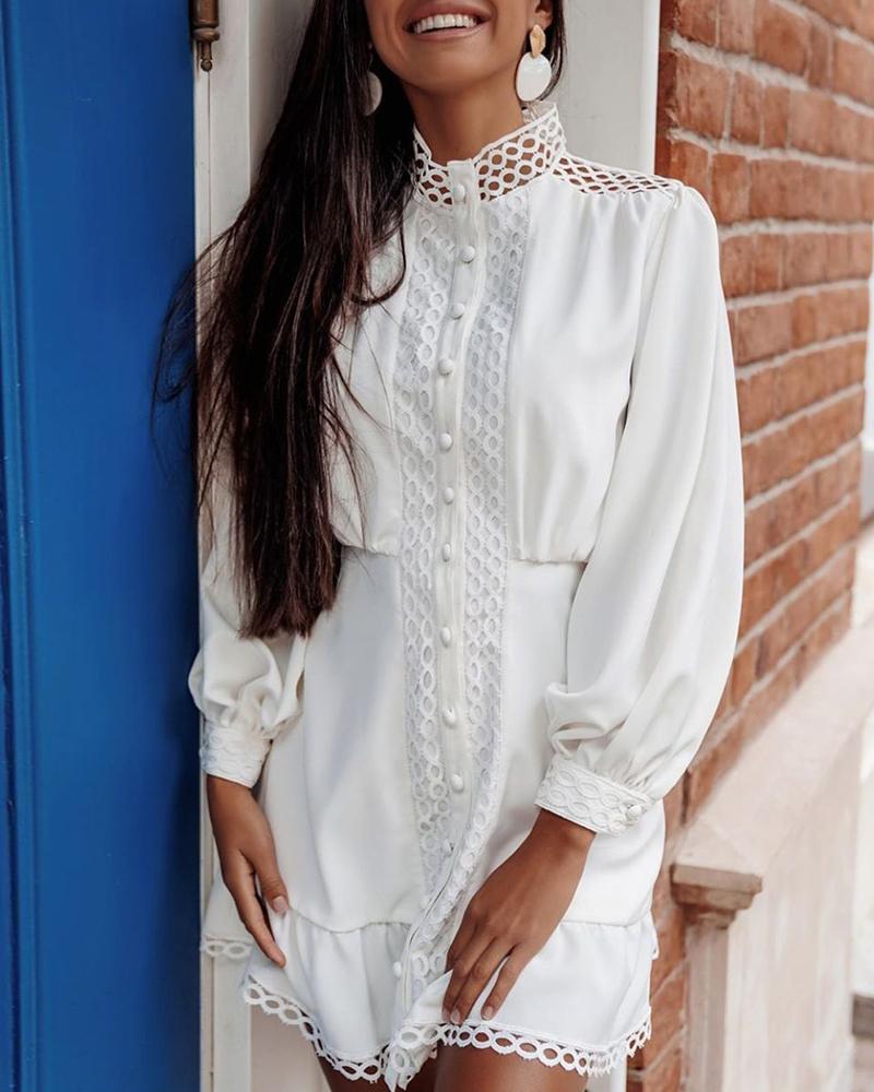 

Solid Hollow Out Buttoned Casual Dress, White