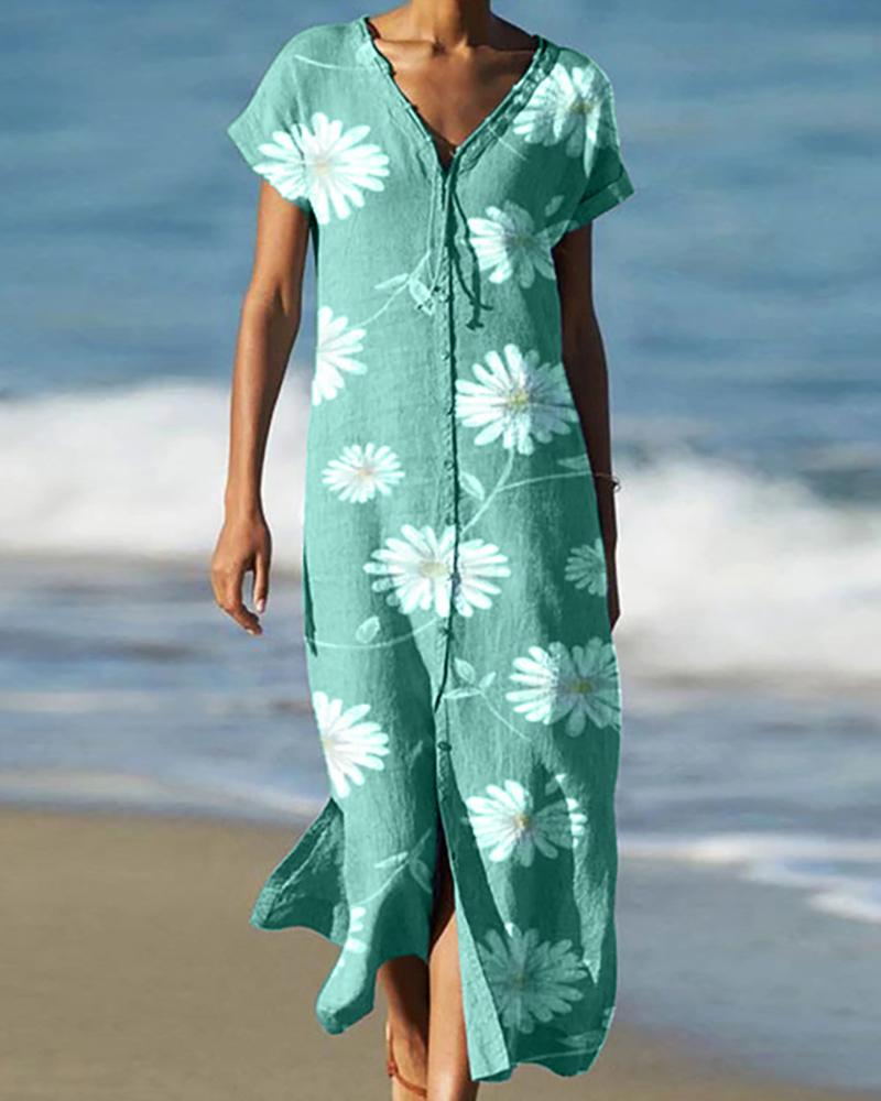 

Daisy Print V-neck Slit Casual Dress, Green