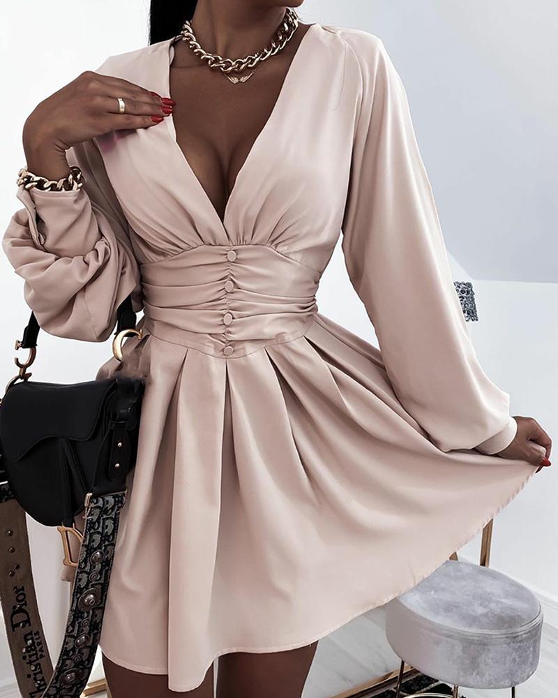 

Solid Long Sleeve Loose Skinny Waist Dress, Pink