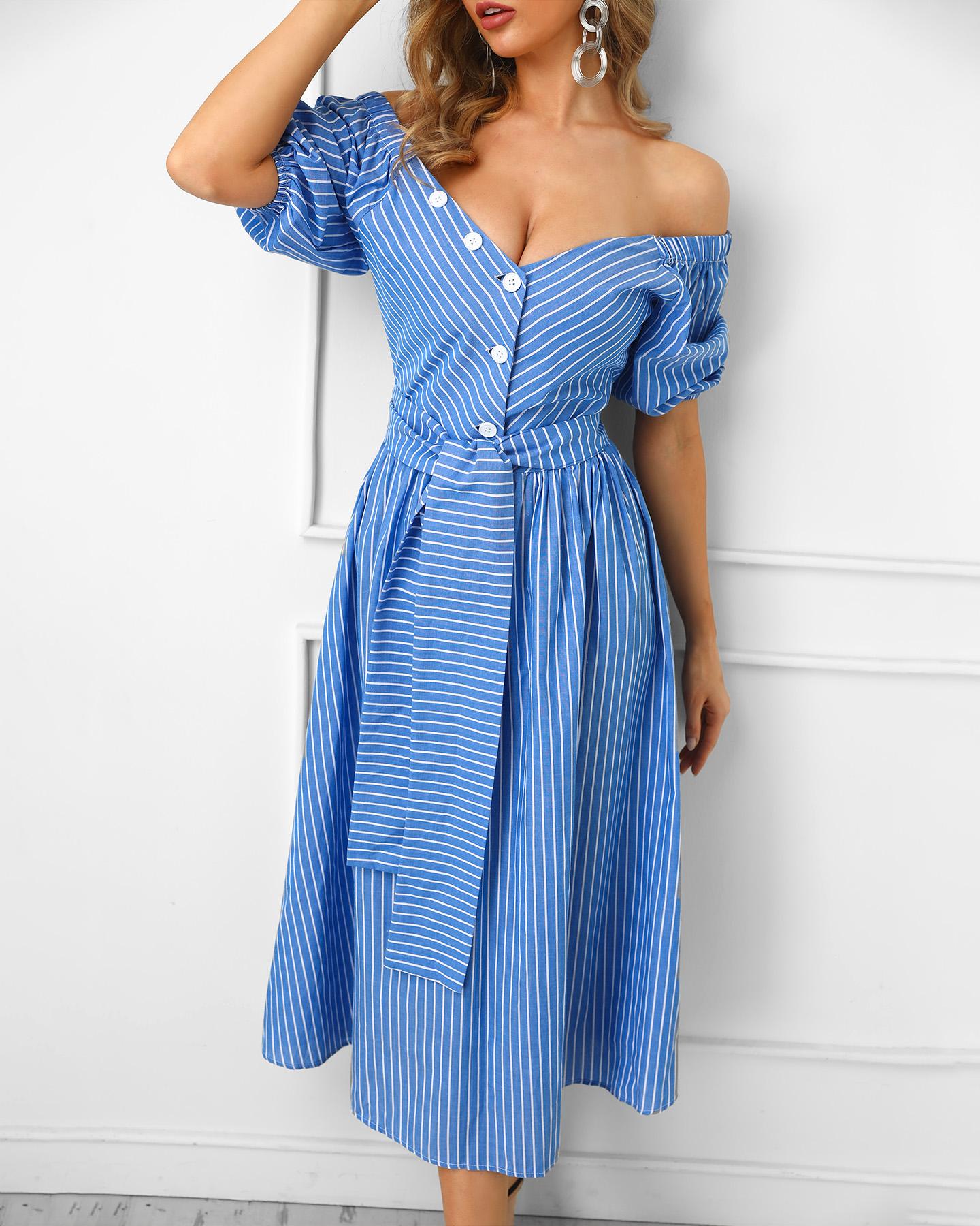 

Off Shoulder Striped Lantern Sleeve Casual Dress, Blue