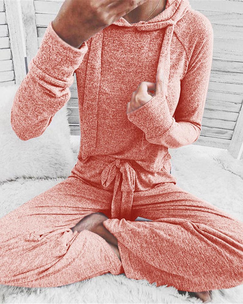 

Solid Hooded Drawstring Sweatshirt & Pants Sets, Pink