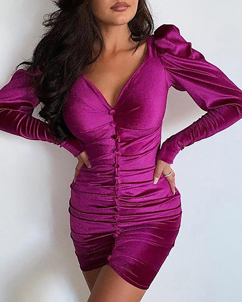 

Solid V-Neck Puff Sleeve Ruched Bodycon Dress, Purple