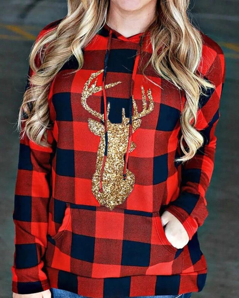 

Christmas Reindeer Plaid Pocket Design Hoodie, Red