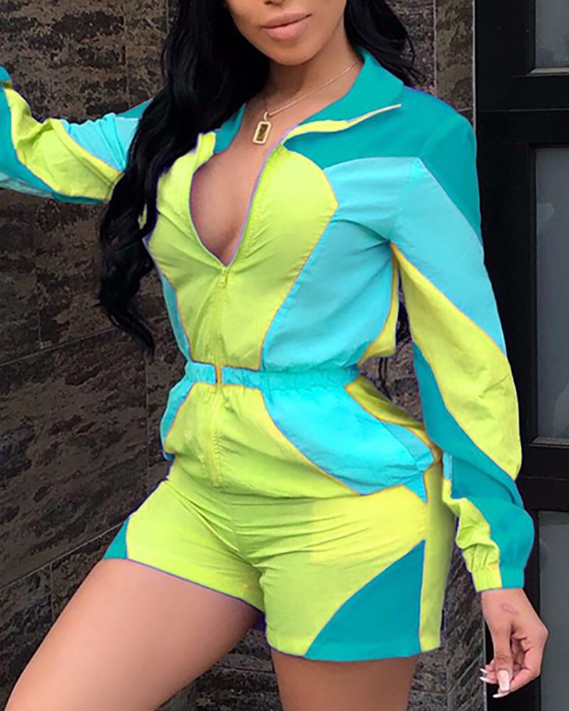 

Colorblock Insert Zipper Design Romper, Green