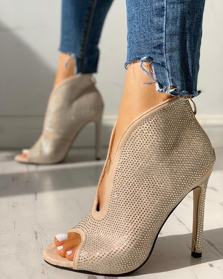 

Studded Detail Peep Toe Thin Heels, Apricot