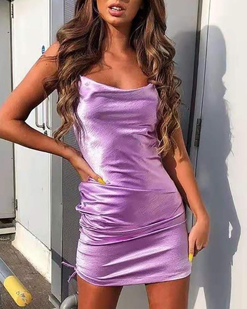 

Spaghetti Strap Open Back Ruched Satin Dress, Purple