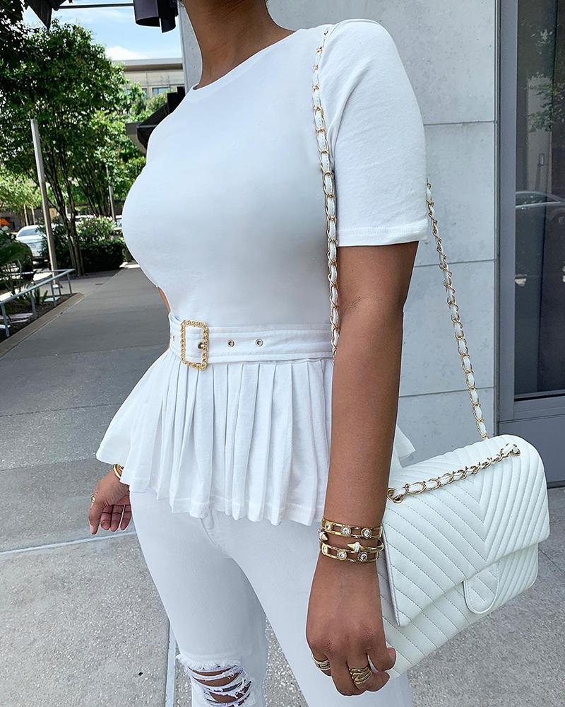 

Solid Short Sleeve Pleated Casual Blouse, White
