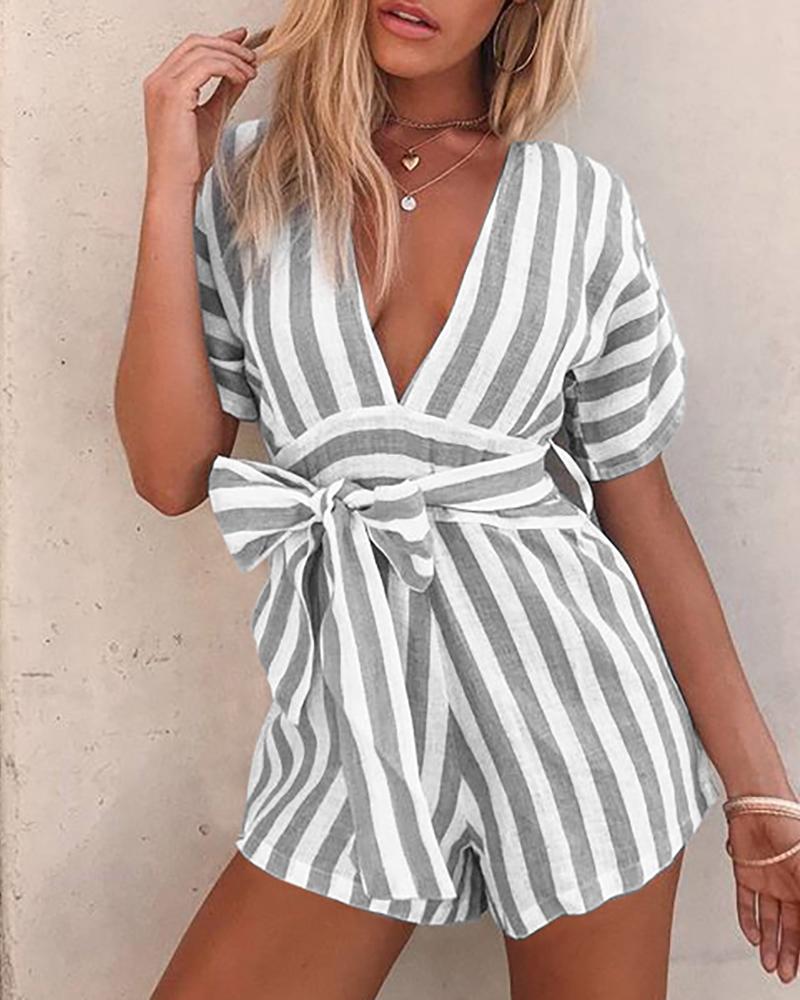 

Striped Colorblock Plunge Casual Romper, Gray