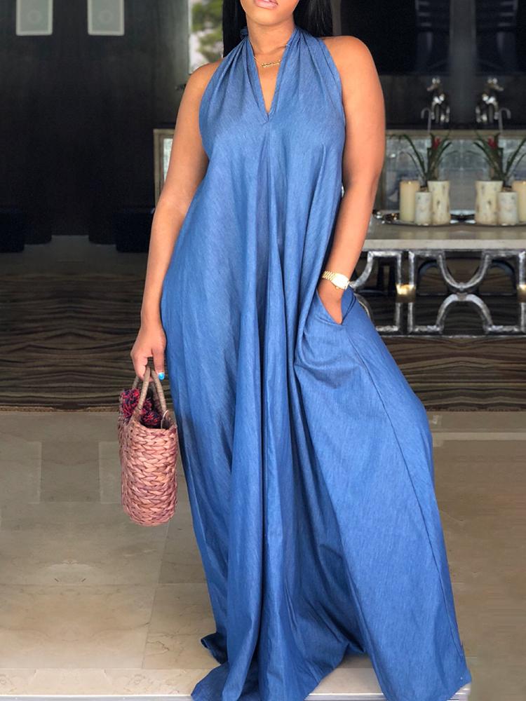 

Oversized Halter Pocket Loose Denim Maxi Dress