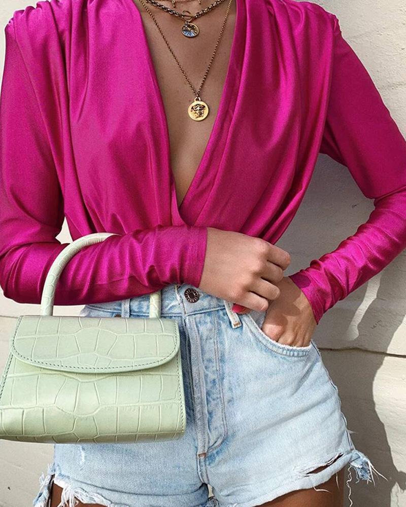 

Solid Long Sleeve Deep V Ruched Blouse, Hot pink