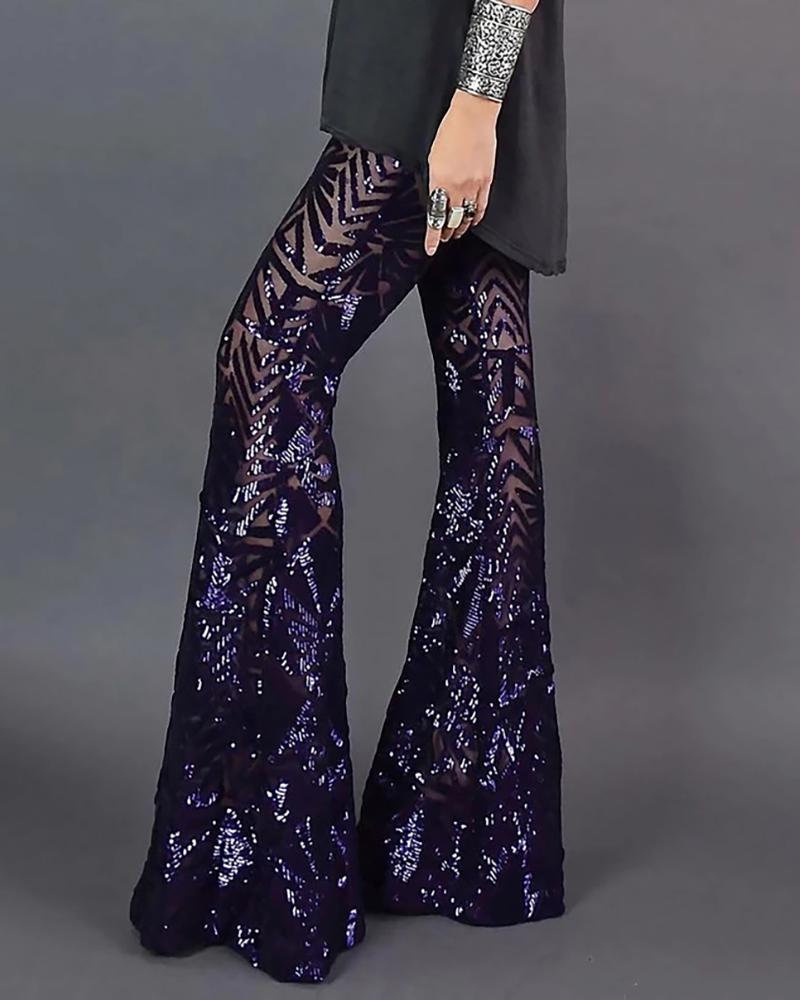 

Glitter High Waist Bell-bottomed Sequins Pants