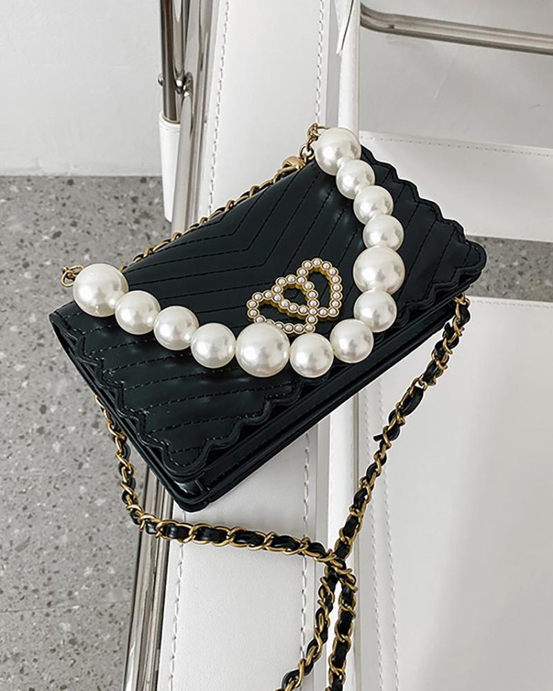 

Beaded Double Heart Pattern Chevron Chain Satchel Bag, Black