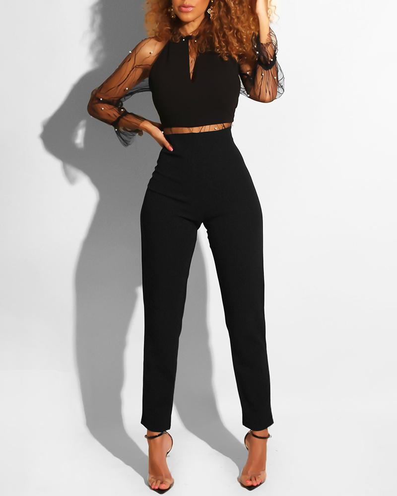 

Beaded Sheer Mesh Insert Slim Fit Jumpsuit, Black
