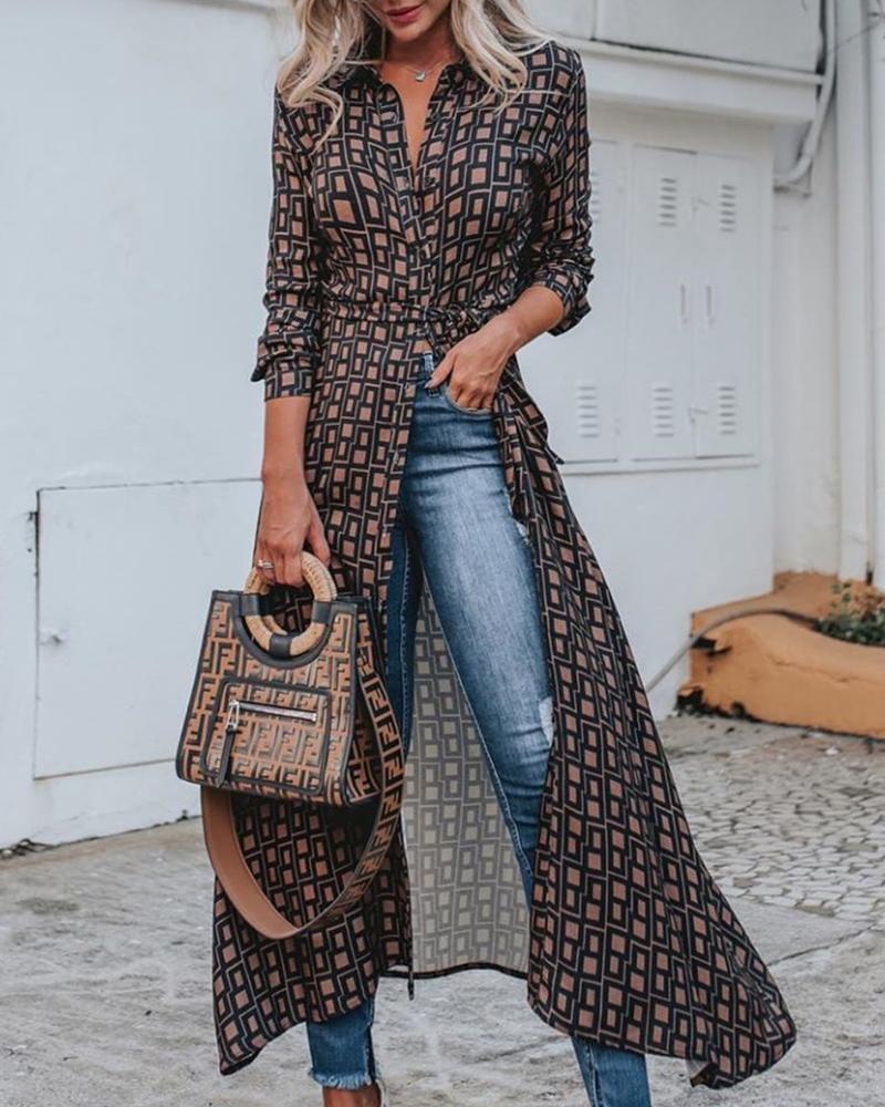 

Geo Print Casual Shirt Dress, Brown