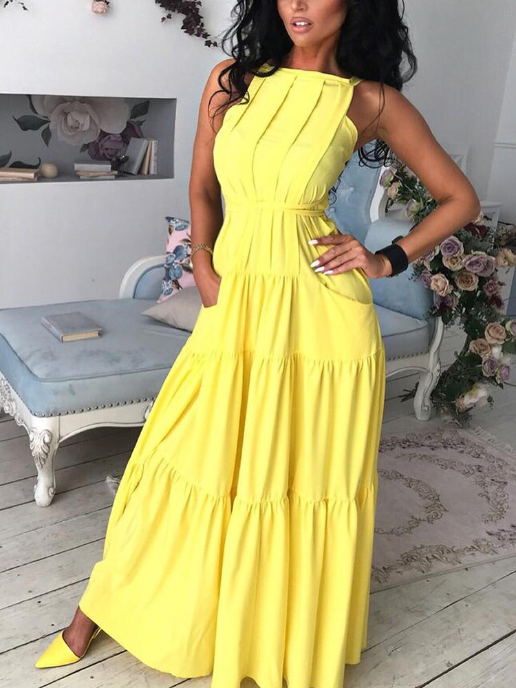 

Solid Pocket Pleated Maxi Dress