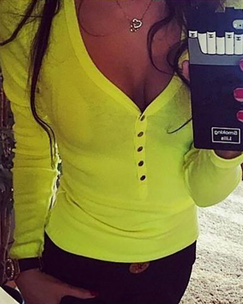 

Button Design V-neck Solid Long Sleeve T-shirt, Yellow