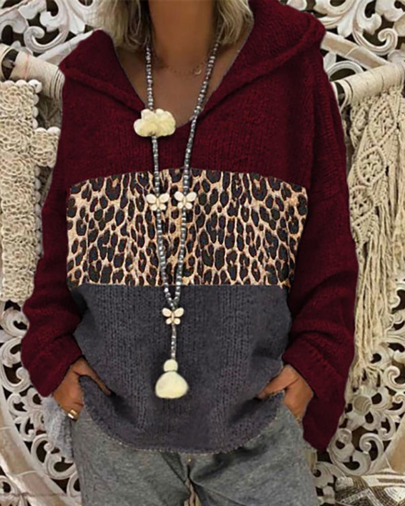 

Cheetah Colorblock Knit Hooded Sweater, Wine red