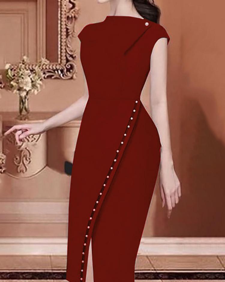 

Beading Embellished Slit Irregular Midi Dress, Red