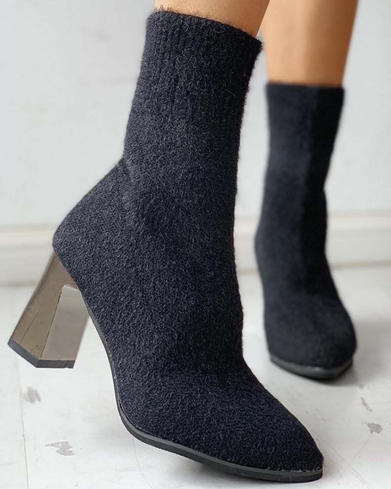 

Solid Pointed Toe Knitted Chunky Heeled Boots, Black