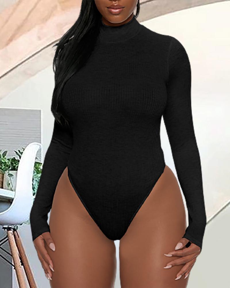 

Plain Mock Neck Long Sleeve Bodysuit, Black