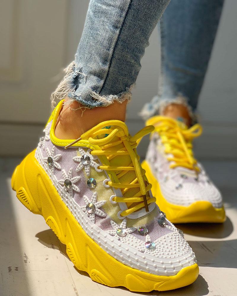 

Colorblock Mesh Diamante Trim Lace-Up Sneakers, Yellow