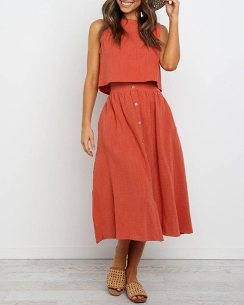 

Sleeveless Top & Midi Casual Skirt, Orange