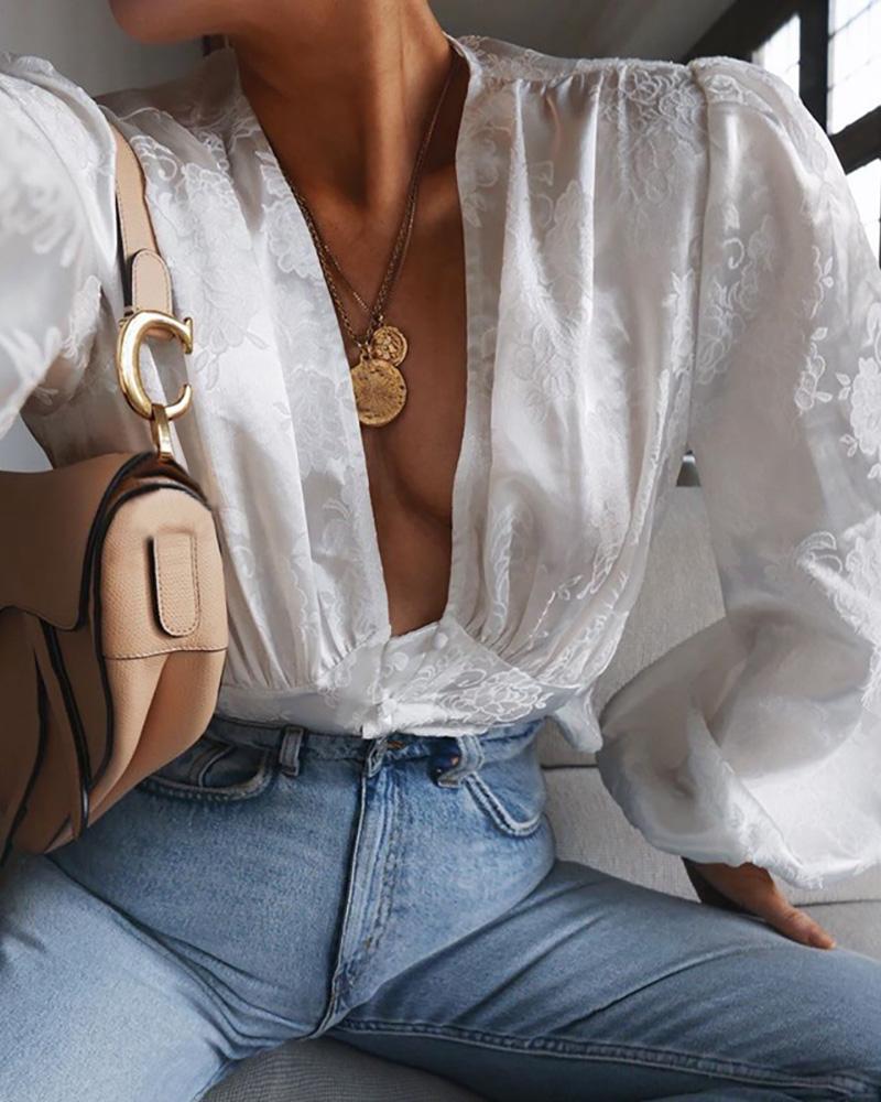 

V-Neck Floral Print Blouse, White