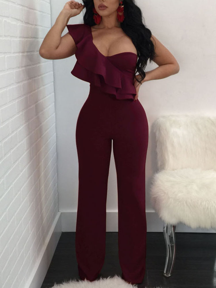 

One Sided Layered Ruffles Slinky Jumpsuit, Wine red