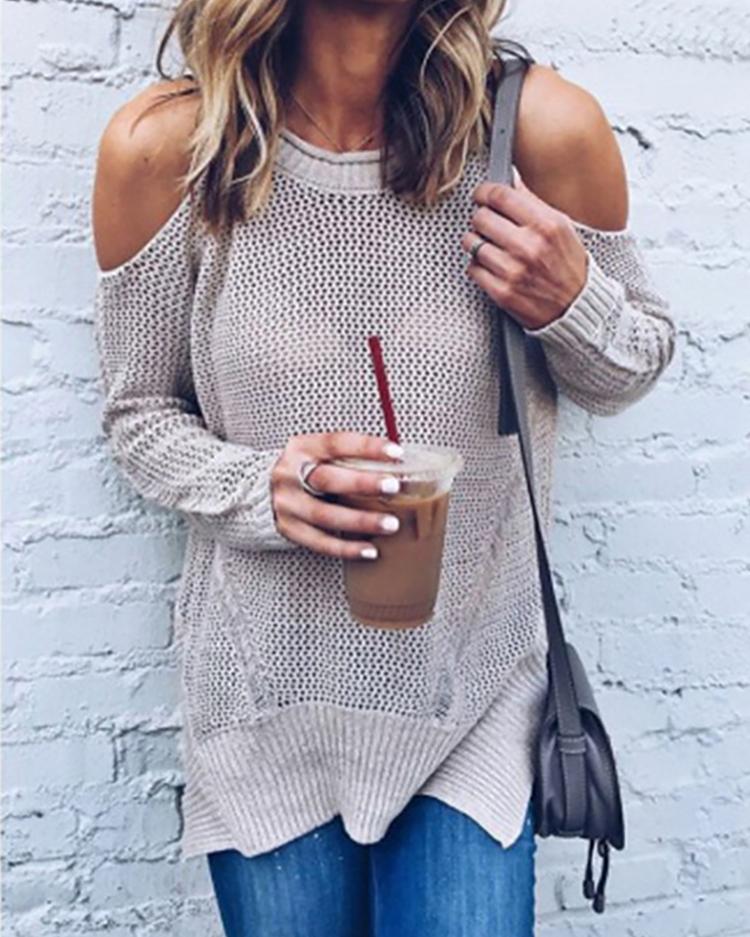 

Plain Open Shoulder Casual Knitted Sweater, Pink