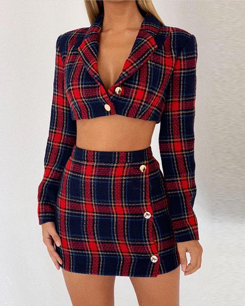 

Grid Buttoned Crop Blazer Top & Mini Skirt Sets, Red