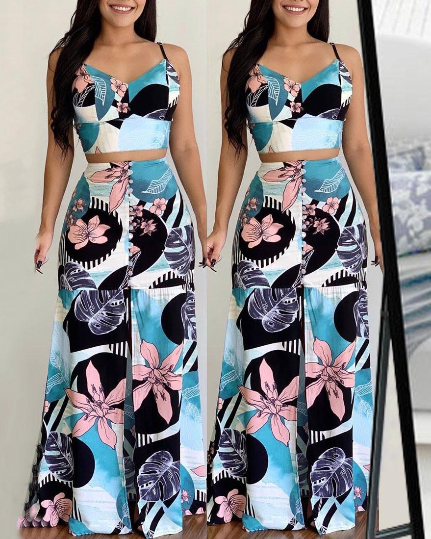 

Flower Print Spaghetti Strap Crop top & Skirt Sets, Multicolor