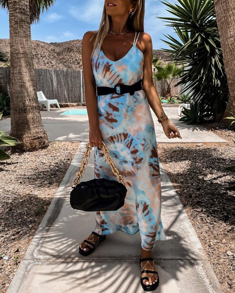 

Tie Dye Print Crisscross Backless Satin Maxi Dress, Blue