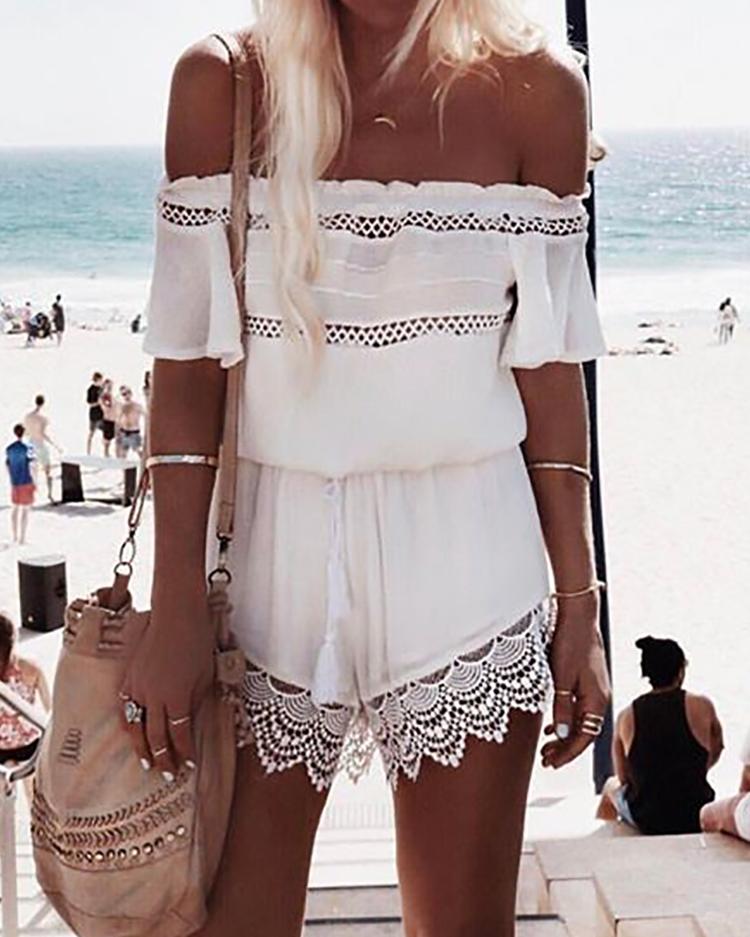 

Frilled Off Shoulder Lace Scalloped Romper