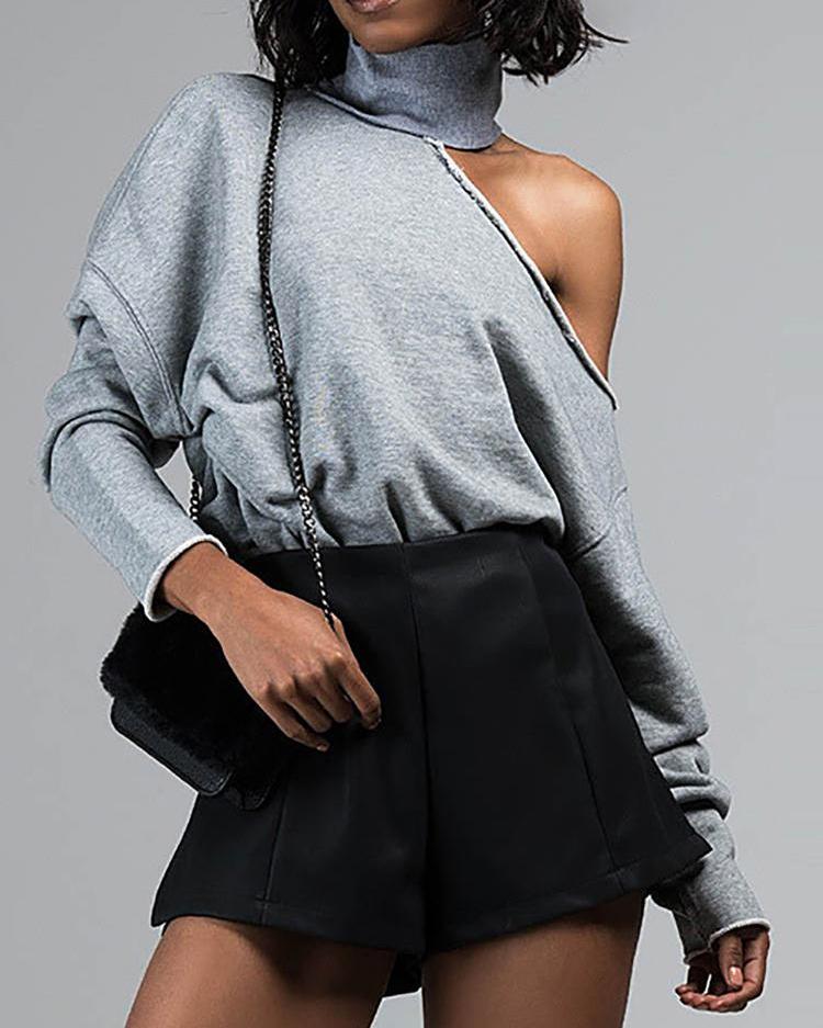 

High Neck Cut Out Shoulder Sweatshirt, Gray