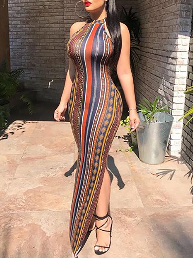 

Tribal Print Sleeveless Slit Dress, Multicolor