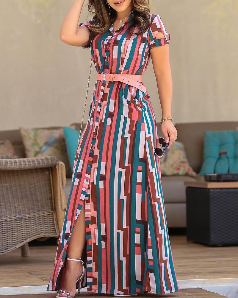 

Colorful Striped Print Shirt Maxi Dress, Multicolor