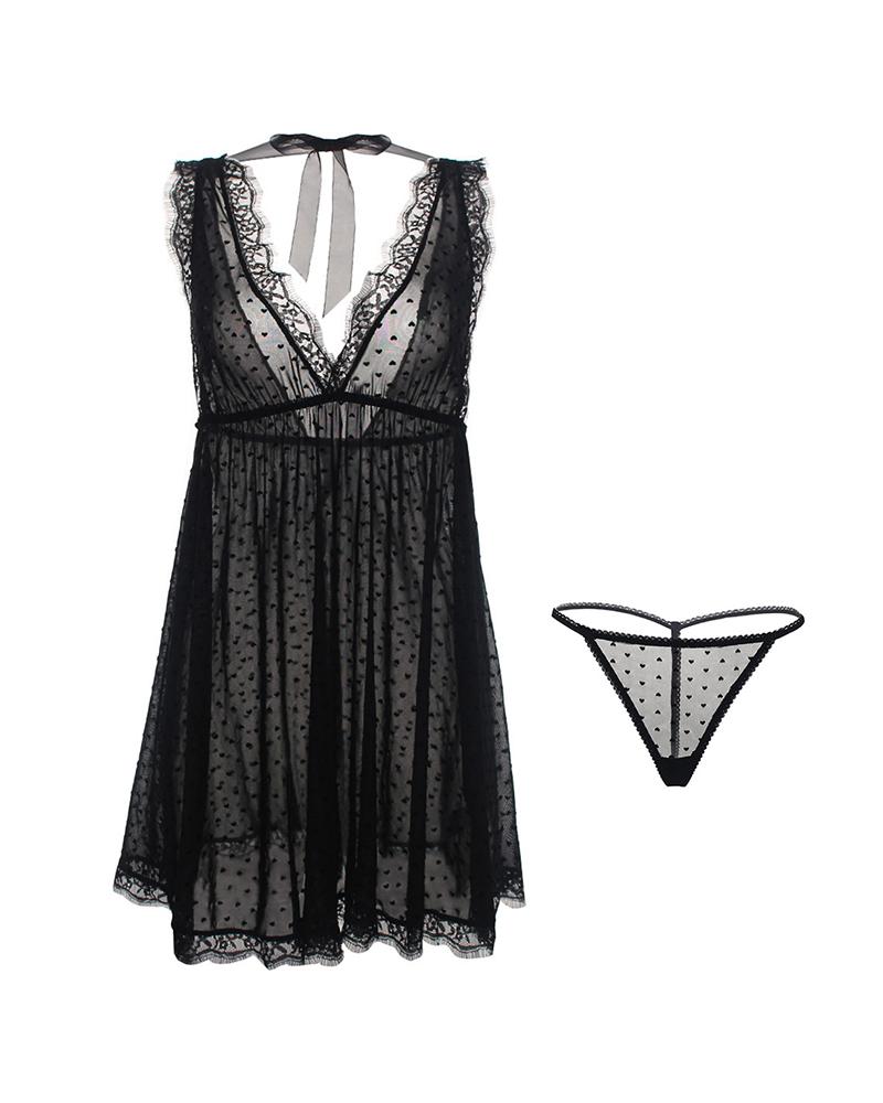 

Sheer Mesh Lace Trim Backless Babydoll With Thong, Black
