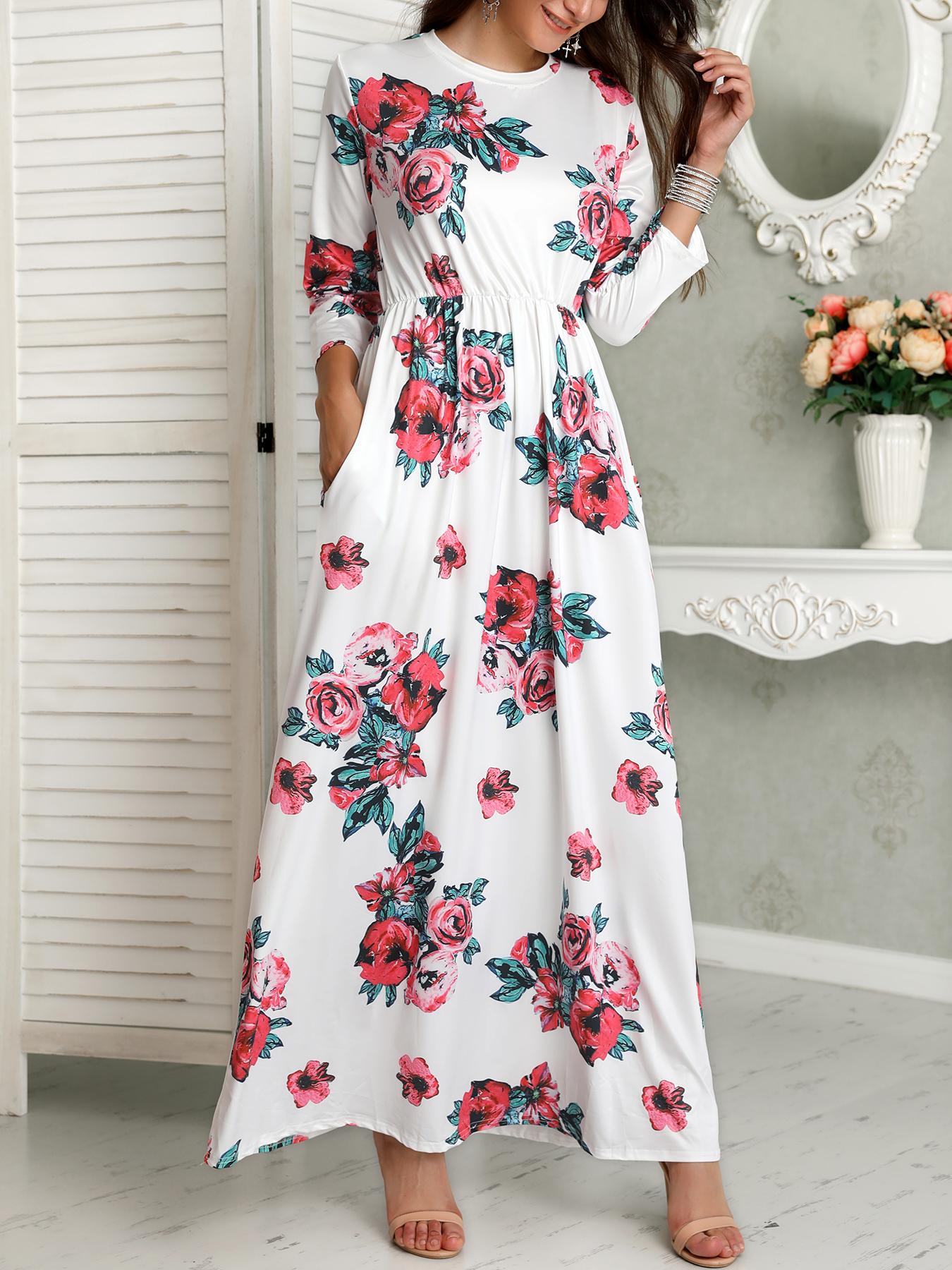 

Floral Print Pocket Design Maxi Dress, White