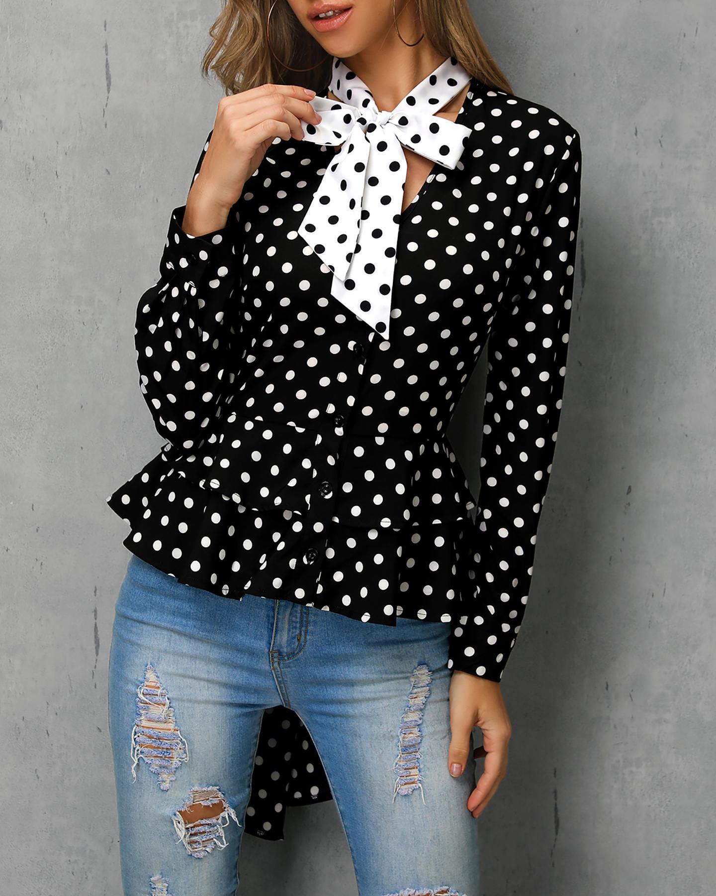 

Dot Print Ruffles Tied Neck Dip Hem Blouse, Black&white