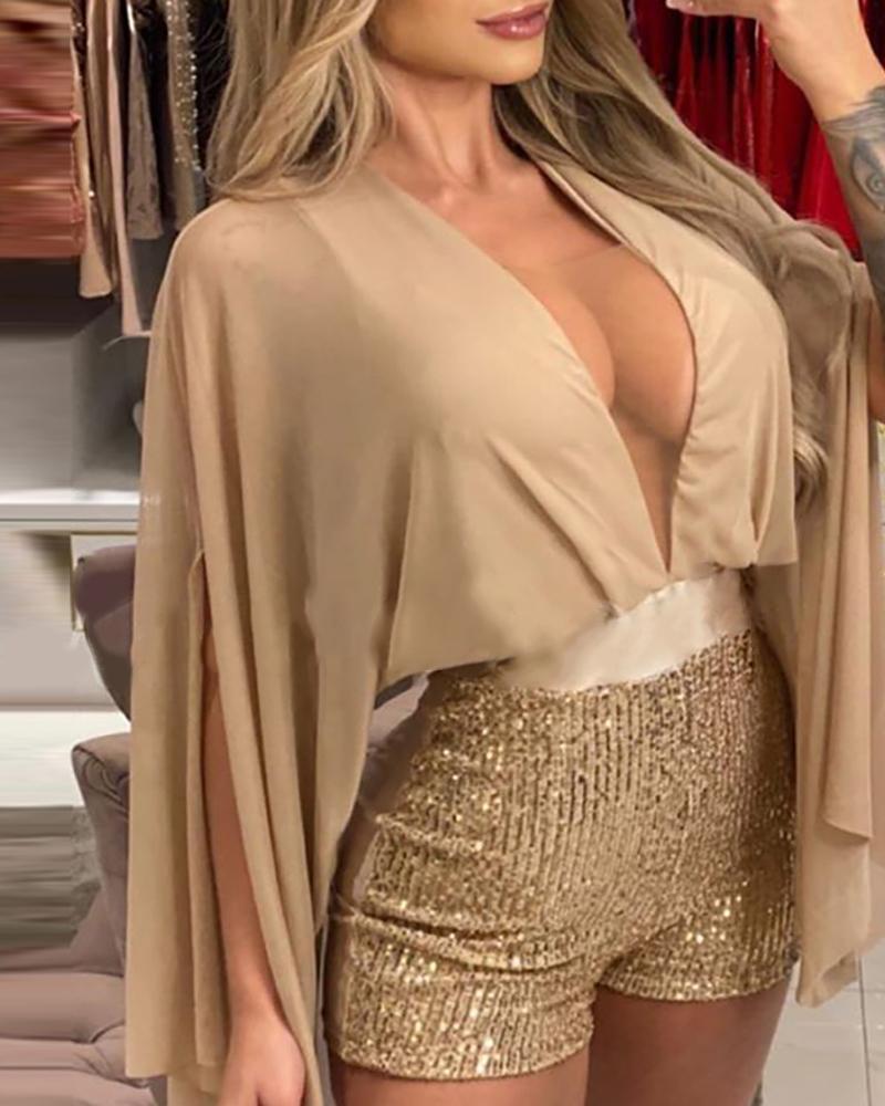 

Sequins Plunge Slit Sleeve Romper, Gold