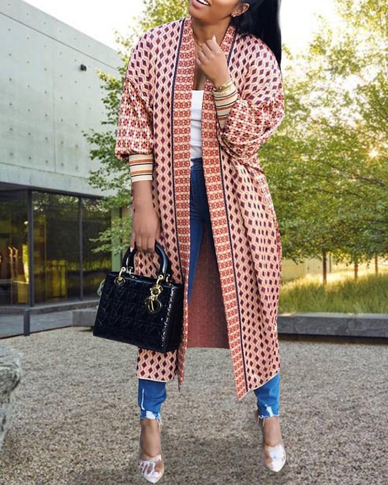 

Geo Print Long Sleeve Casual Coat, Pink