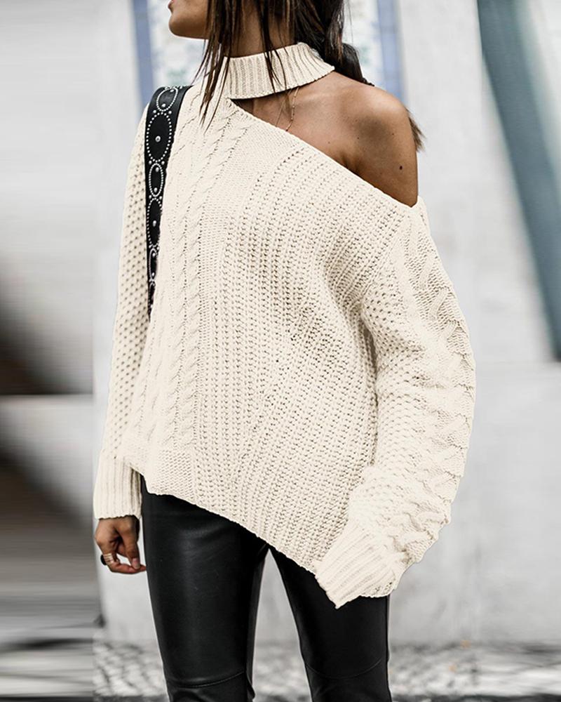 

One Shoulder Halter Neck Sweater, Beige