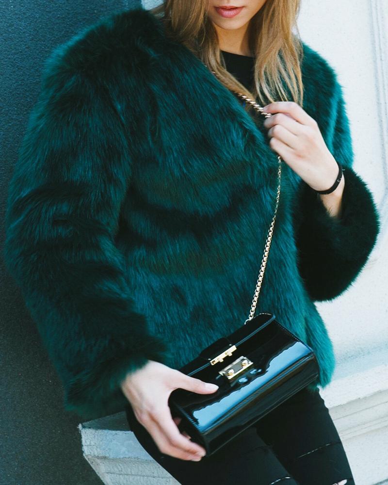 

Plus Size Fluffy Open Front Fur Coat, Dark green