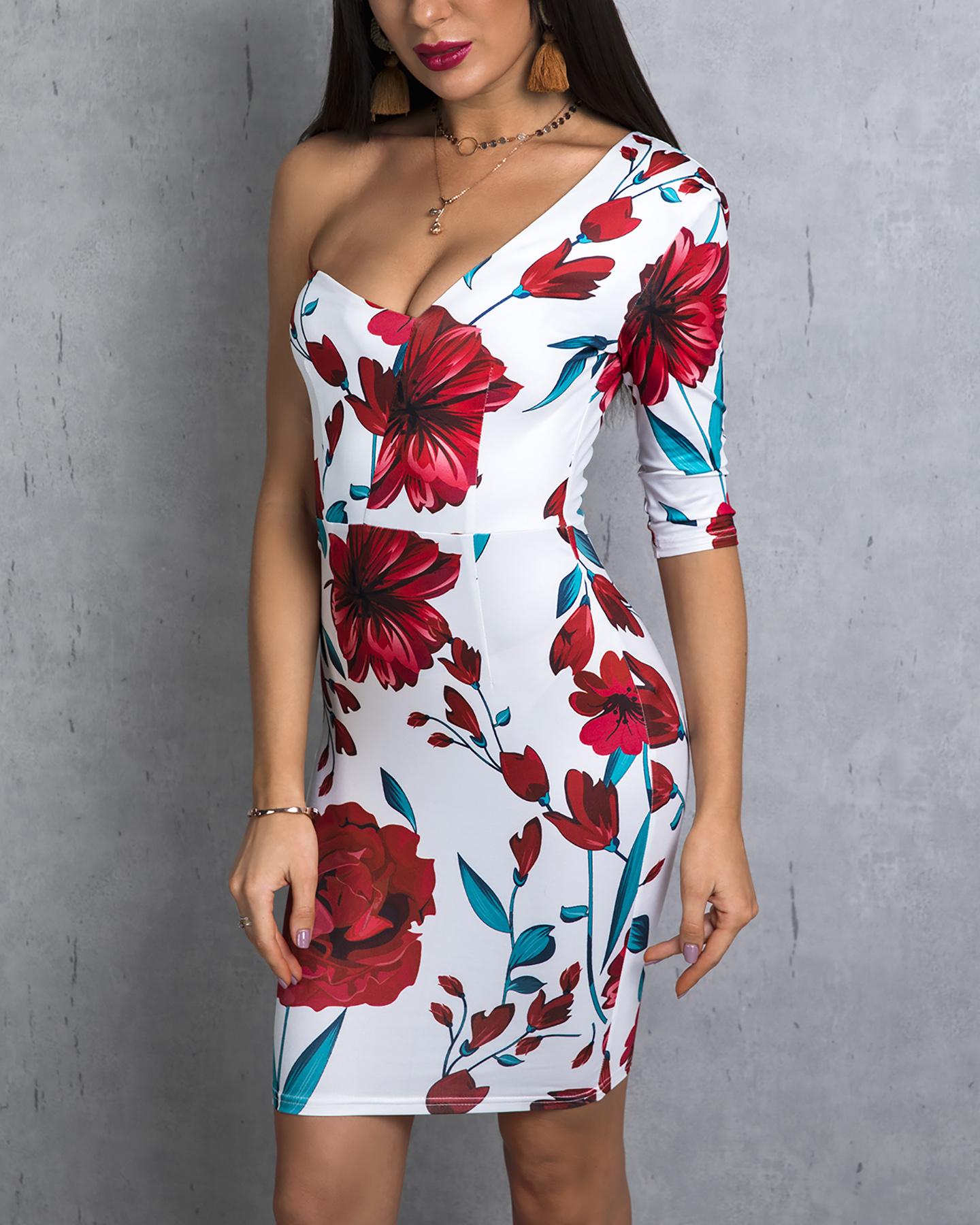 

One Shoulder Floral Print Bodycon Dress, White