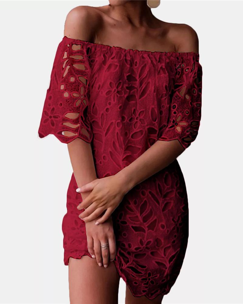 

Off Shoulder Hollow Out Lace Dress, Wine red