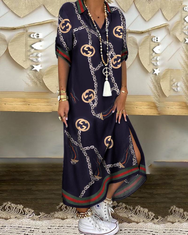 

Chain Print Half Sleeve Slit Casual Dress, Purplish blue