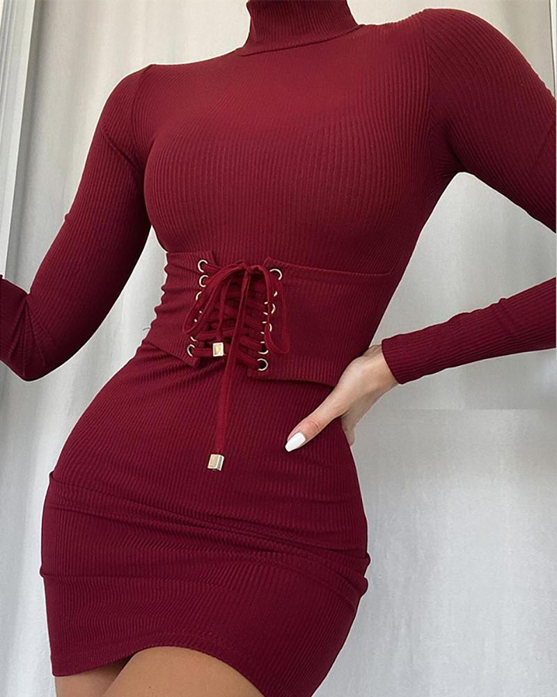 

Eyelet Lace-up High Neck Bodycon Dress, Wine red