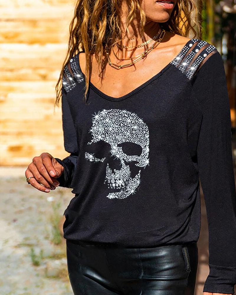 

Skeleton Pattern Studded Ladder Cutout Top, Black