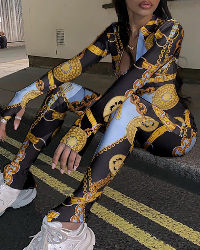 

Chain Print Zipper Design Jumpsuit, Multicolor